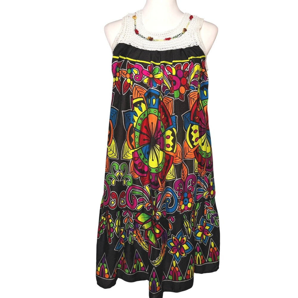 Colorful Boho Embroidered Floral Crochet Neck Dress M/L Midi Festival Summer
